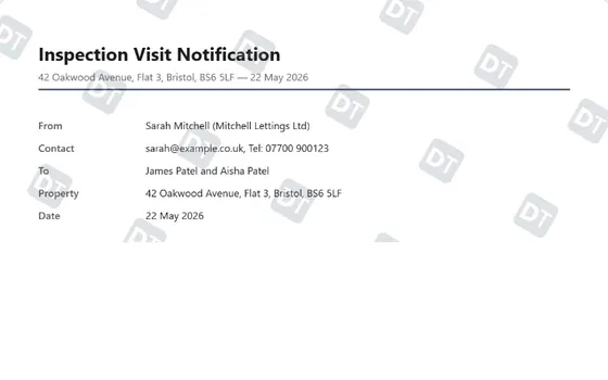 Preview of the Written notice of an inspection visit, built in minutes