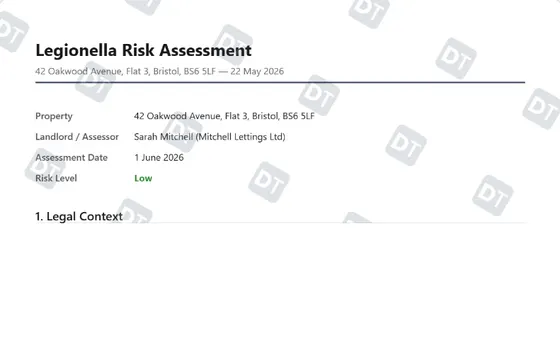 Preview of the Legionella risk assessment for your rental property, done in minutes