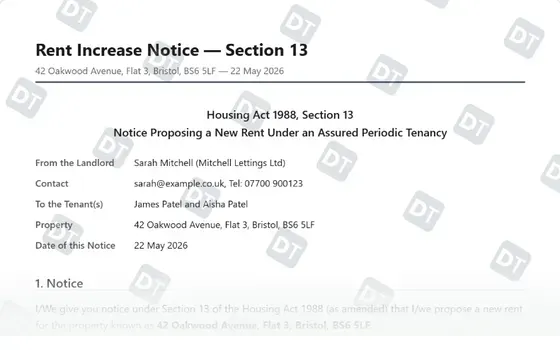 Preview of the Form 4A Rent Increase Notice Template