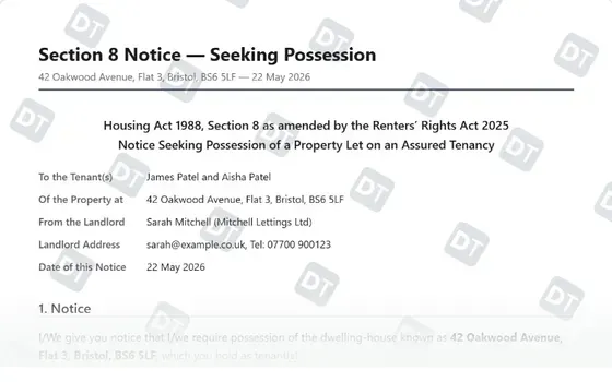 Preview of the Section 8 Notice Template (Form 3A)
